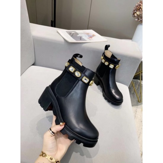 Ankle Boots Black Leather Crystals